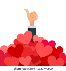 Raising hand from pile of hearts. Thumb up gesture. Vector illustration, flat cartoon style, isolated white background.