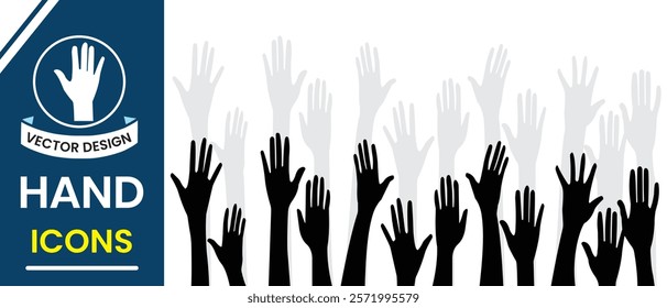 Raising hand silhouette, vector icon. Hand gestures vector, silhouette,  Crowd people rising hand, human hand,  palm with elegant gesture. Vector illustration.