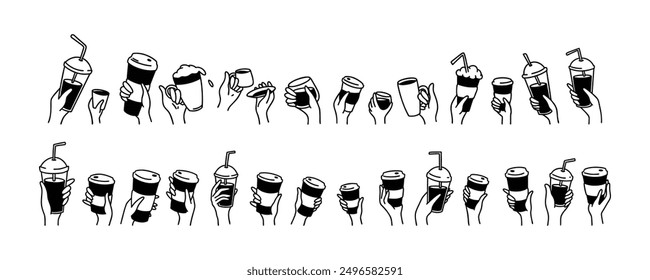 Raising hands up with coffee. Cute line doodle. Different types and size hot drinks. Group of people, men and women in the morning at breakfast. Friendship and team building. Beverage icon set