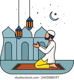 Raising hands in Dua Concept, Muslim Sitting on Prayer Rug vector icon Design, Ramadan and Eid al-Fitr Symbol, Islamic and Muslims fasting Sign, Arabic holidays celebration stock illustration