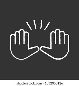 Raising hands gesture chalk icon. Stop, surrender gesturing. Waving two palms emoji. Isolated vector chalkboard illustration