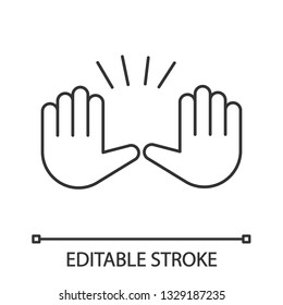 Raising hands gesture linear icon. Thin line illustration. Stop, surrender gesturing. Waving two palms emoji. Contour symbol. Vector isolated outline drawing. Editable stroke