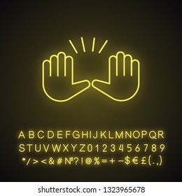 Raising hands gesture neon light icon. Stop, surrender gesturing. Waving two palms emoji. Glowing sign with alphabet, numbers and symbols. Vector isolated illustration