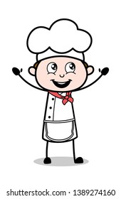 Raising Hands in Happiness - Cartoon Waiter Male Chef Vector Illustration﻿