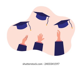 Raising hands and throwing university graduation caps with friends, celebrating together. Character design. Vector flat illustration