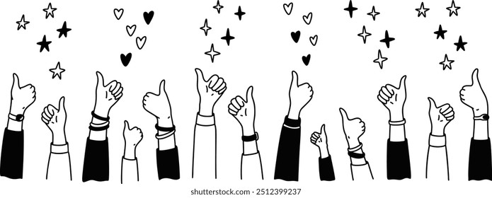 Raising hands with thumb up doodle background. Positive reaction for social media post, live stream, book, online shopping experience. Handwriting falling stars, bling, sparks, glitter, hearts.