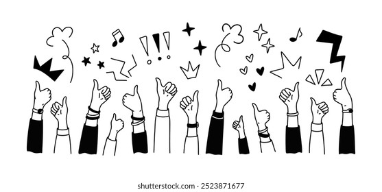 Raising hands with thumb up doodle background. Birthday celebration, music festival, corporate event poster. Crayon scribbles