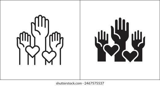 Raising hands for volunteer icon. Participate hands icons. Icon for charity, donation, compassion, solidarity and humanitarian. Vector Stock logo illustration in flat and line design style.