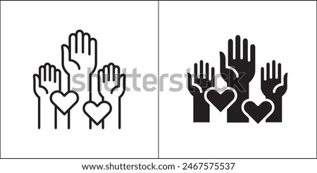 Raising hands for volunteer icon. Participate hands icons. Icon for charity, donation, compassion, solidarity and humanitarian. Vector Stock logo illustration in flat and line design style.