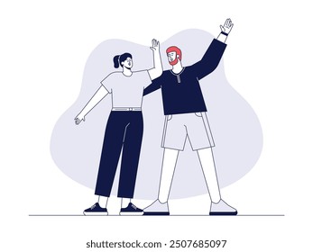 Raising hands while dancing and having fun with friends, outline style friendship vector illustration.