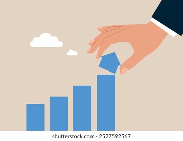 Raising high standards of living and prices. Businessman analyzing bar chart for financial success. Modern vector illustration in flat style