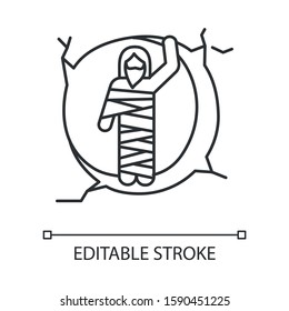 Raising of Lazarus linear icon. Christ resurrection from tomb. Man in shroud at entrance to cave. Resurrection. Thin line illustration. Contour symbol. Vector isolated outline drawing. Editable stroke