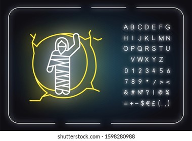 Raising of Lazarus neon light icon. Christ resurrection from tomb. Man in shroud at entrance to cave. Resurrection day. Glowing sign with alphabet, numbers and symbols. Vector isolated illustration