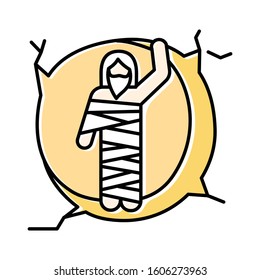Raising of Lazarus yellow color icon. Christ resurrection from tomb. Man in shroud at entrance to cave. Resurrection day. Easter Sunday. Christian holiday. Gospel story. Isolated vector illustration
