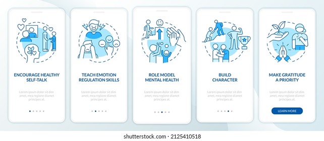 Raising Mentally Strong Child Blue Onboarding Mobile App Screen. Walkthrough 5 Steps Graphic Instructions Pages With Linear Concepts. UI, UX, GUI Template. Myriad Pro-Bold, Regular Fonts Used