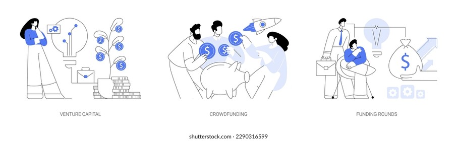 Raising money for startup abstract concept vector illustration set. Venture capital, crowdfunding strategy, funding rounds, private equity financing, business sponsorship abstract metaphor.