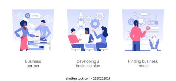 Raising money for startup isolated concept vector illustration set. Business partner, develop business plan, finding model and investment strategy, cooperation and collaboration vector cartoon.