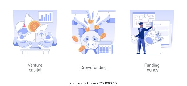 Raising money for startup isolated concept vector illustration set. Venture capital, crowdfunding strategy, funding rounds, private equity financing, business sponsorship vector cartoon.