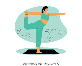 Raising one leg with straight arms as a stretch, meditation to win the mind, outdoor activity with mat, vector illustration.