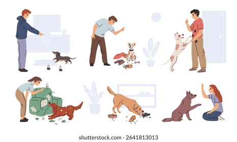 Raising pets. Owners raise domestic animals, naughty dogs, behavior correction, training process, dog handlers and psychologists, puppy break things, garish vector cartoon flat set