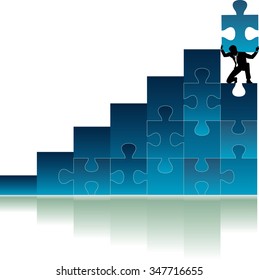 Raising Puzzle Graph - Abstract concept of solution leadership, a man holding a jigsaw piece raising the graph