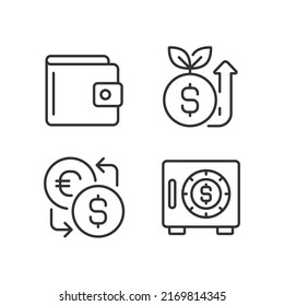 Raising and saving money pixel perfect linear icons set. Traditional wallet. Fundraising event. Safe. Customizable thin line symbols. Isolated vector outline illustrations. Editable stroke