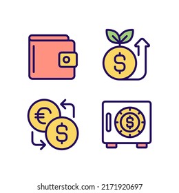 Raising and saving money pixel perfect RGB color icons set. Traditional wallet. Fundraising event. Safe. Isolated vector illustrations. Simple filled line drawings collection. Editable stroke