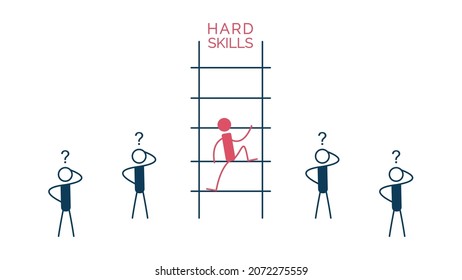 Raising the skill level. Let's go up the stairs. Vector illustration of people. Linear art.