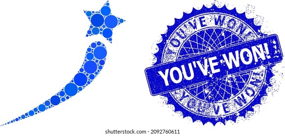 Raising star vector mosaic of round dots in various sizes and blue color hues, and textured You'Ve Won stamp seal. Blue round sharp rosette stamp seal has You'Ve Won tag inside it.