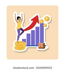Ilustración de sticker. trabajadores, gerentes, mujeres, hombres de negocios subiendo las escaleras de carrera del dinero. Logro de objetivos empresariales, progreso en la carrera profesional y adelanto