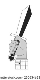 Raising up sword cartoon human hand outline illustration. Knight holding. Medieval tournament champion 2D isolated black and white vector image. Battle brave flat monochromatic drawing clip art