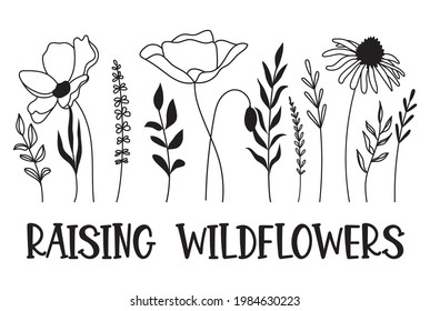 Raising wildflowers vector illustration, meadow flowers svg