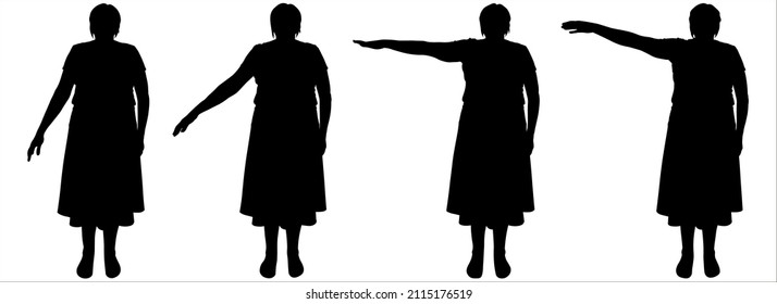 Raising a woman's hand from the bottom up. Hands in motion, legs without movement, standing still. Front view. Staged silhouette for animation. Black female silhouettes isolated on white background. 