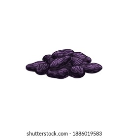 Raisins dried fruits, dry food snacks and fruit sweets, isolated vector icon. Raisins of red or black grape, sweet dessert, natural organic dehydrated confections, fiber and protein food