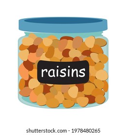 Raisins in glass jars for bulk products without packaging. Dried grape isolated on white background. Trendy hand-drawn vector cartoon flat illustration.