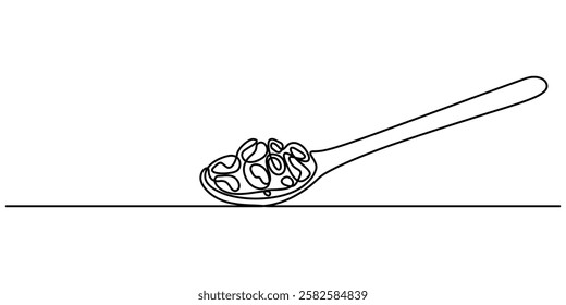 raisins with spoon continuous one line drawing, Sultanas on a metal scoop, Dried raisins in the wood spoon on a white background, raisin in wood spoon isolated on transparent. Top view outline pro.