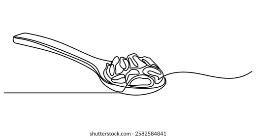 raisins with spoon continuous one line drawing, Sultanas on a metal scoop, Dried raisins in the wood spoon on a white background, raisin in wood spoon isolated on transparent. Top view outline pro.