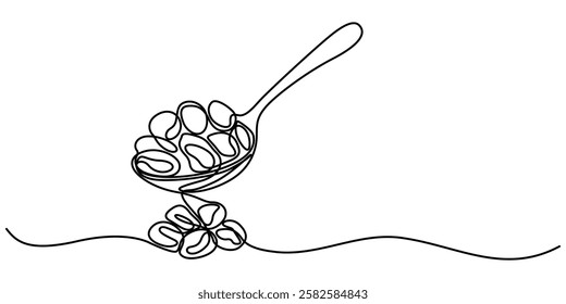 raisins with spoon continuous one line drawing, Sultanas on a metal scoop, Dried raisins in the wood spoon on a white background, raisin in wood spoon isolated on transparent. Top view outline pro.