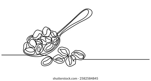 raisins with spoon continuous one line drawing, Sultanas on a metal scoop, Dried raisins in the wood spoon on a white background, raisin in wood spoon isolated on transparent. Top view outline pro.