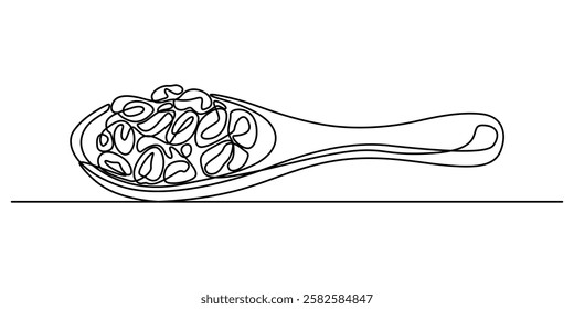 raisins with spoon continuous one line drawing, Sultanas on a metal scoop, Dried raisins in the wood spoon on a white background, raisin in wood spoon isolated on transparent. Top view outline pro.