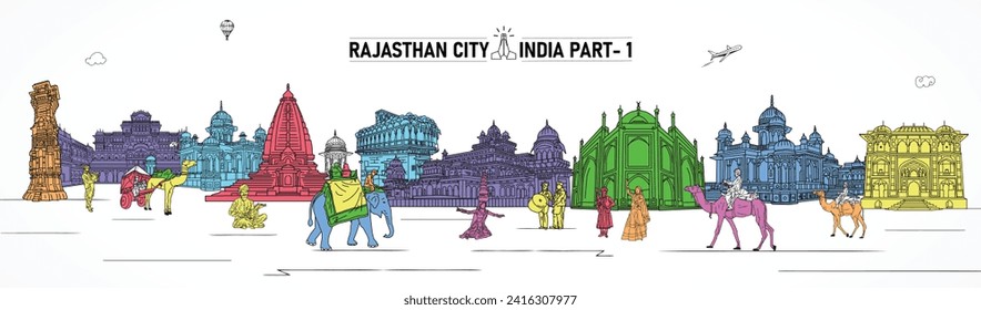 Rajasthan Culture colorful illustration, Rajasthan, India. This illustration represents the city with its most notable buildings, India Part 1.