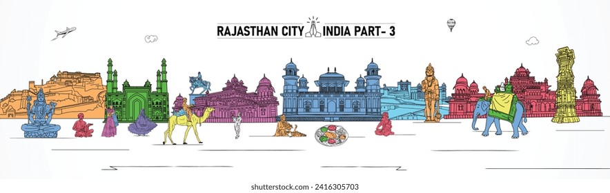 Rajasthan culture skyline, Rajasthan, India. This illustration represents the city with its most notable buildings. editable Vector, every object is holistic and movable Hawa Mahal, India Part 3