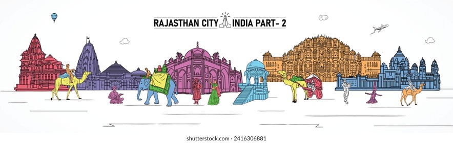 Rajasthan Culture skyline, Rajasthan, India. This illustration represents the city with its most notable buildings. editable Vector, every object is holistic and movable Hawa Mahal, India Part 2.