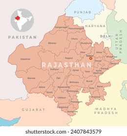 Rajasthan district map with neighbour state and country