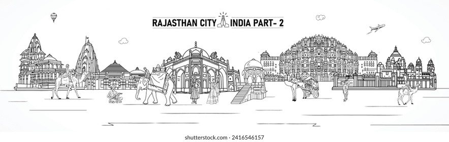 Rajasthan, famoso monumento de la India, Dibujo a mano ilustración de sketch, Línea de arquitectura de Jaipur ilustración, ilustración que representa la cultura de Rajasthan, Kachhi ghodi baile popular de la India.