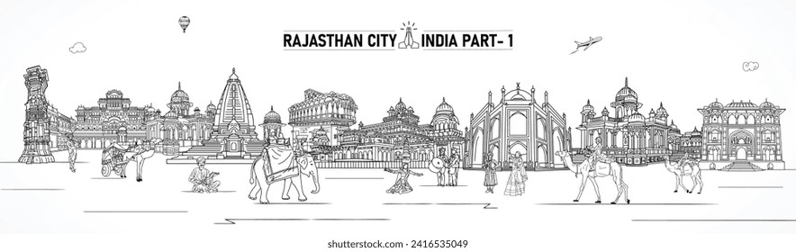 Rajasthan, ein berühmtes Denkmal von Indien, die Rabari-Leute, Illustrationen zur Kultur von Rajasthan, Kachhi-Ghodi-Volkstanz von Rajasthan, Jaipur Skyline, Rajasthan, Vector ist vollständig editierbar.