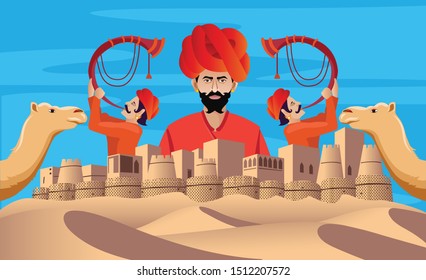 rajasthan fort with cultural man and camel collage design vector illustration