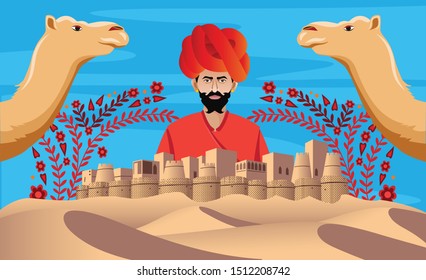 rajasthan fort with cultural man and camel collage vector illustration