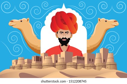 rajasthan fort with cultural man and camel collage design with decorative element vector illustration