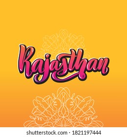 Rajasthan Handwritten stock lettering typography. States of India.Calligraphy for logotype badge icon card postcard logo, banner, tag. Vector illustration EPS10. Mandala orange multicolor gradient